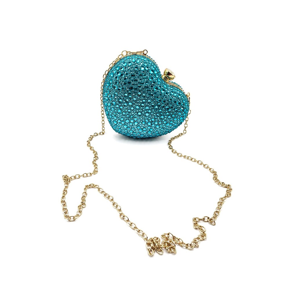 Blue Crystal Heart Clutch Bag Gold Handle Formal Evening Cocktail Purse NEW - Picture 2 of 8